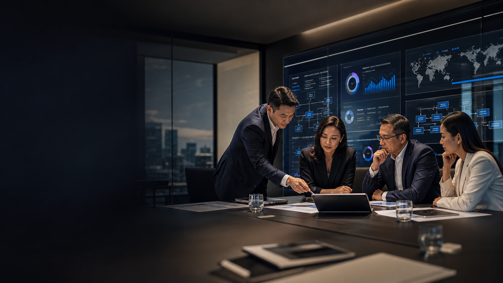 Consultants reviewing operating dashboards in a modern boardroom